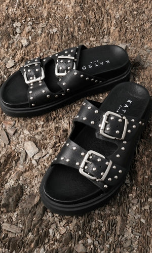 Black leather sandals with double buckles